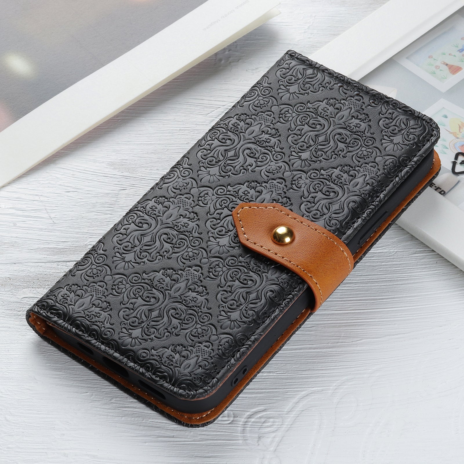 For Redmi 14C 4G European Floral Embossed Leather Phone Case(Black)