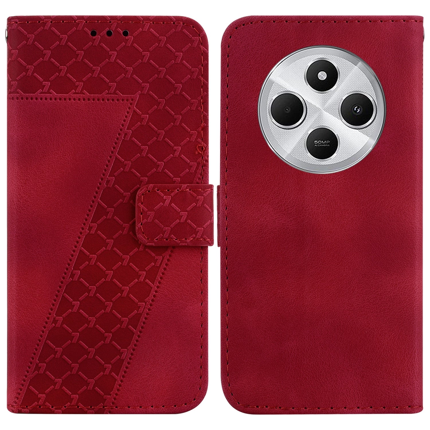 For Redmi 14C 4G Seven-shaped Embossed Leather Phone Case(Red)