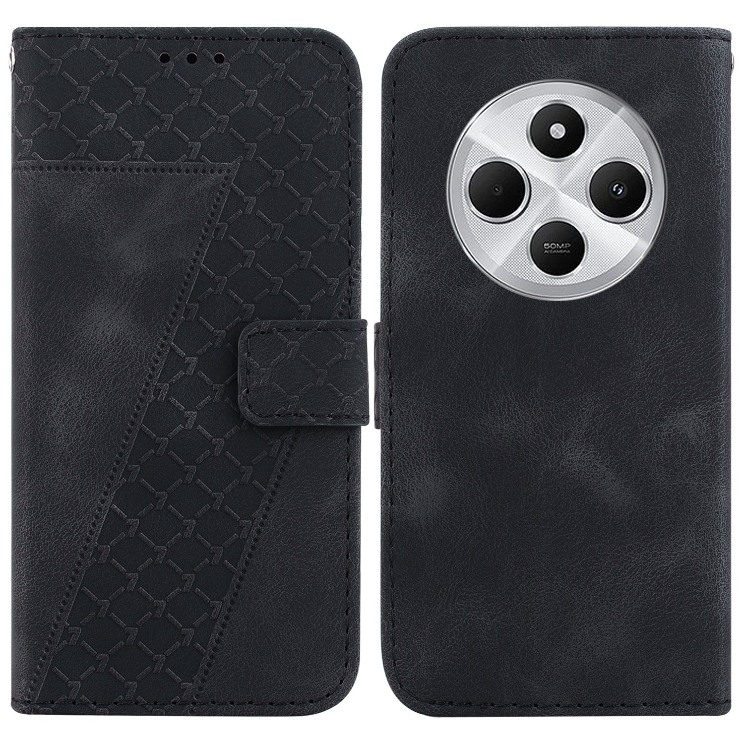 For Redmi 14C 4G Seven-shaped Embossed Leather Phone Case(Black)