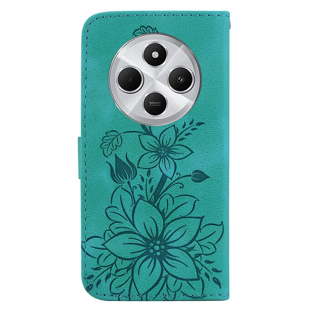 For Redmi 14C 4G Lily Embossed Leather Phone Case(Green)