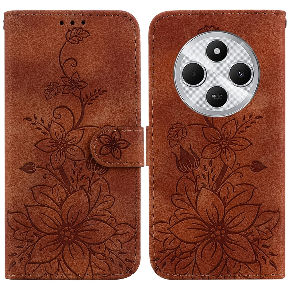 For Redmi 14C 4G Lily Embossed Leather Phone Case(Brown)