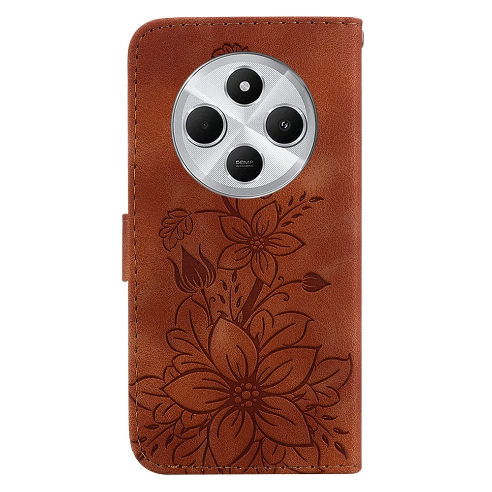 For Redmi 14C 4G Lily Embossed Leather Phone Case(Brown)