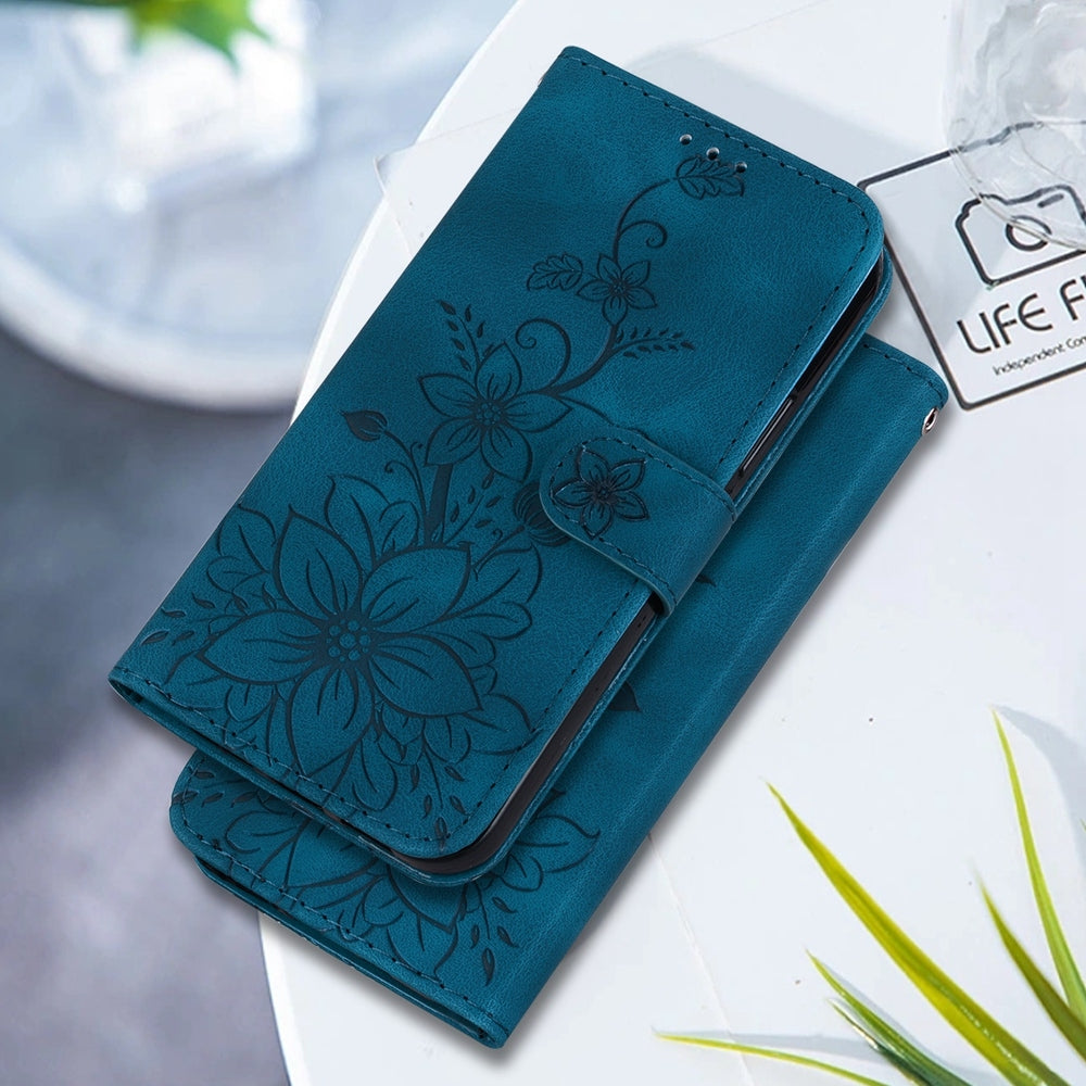 For Redmi 14C 4G Lily Embossed Leather Phone Case(Dark Blue)