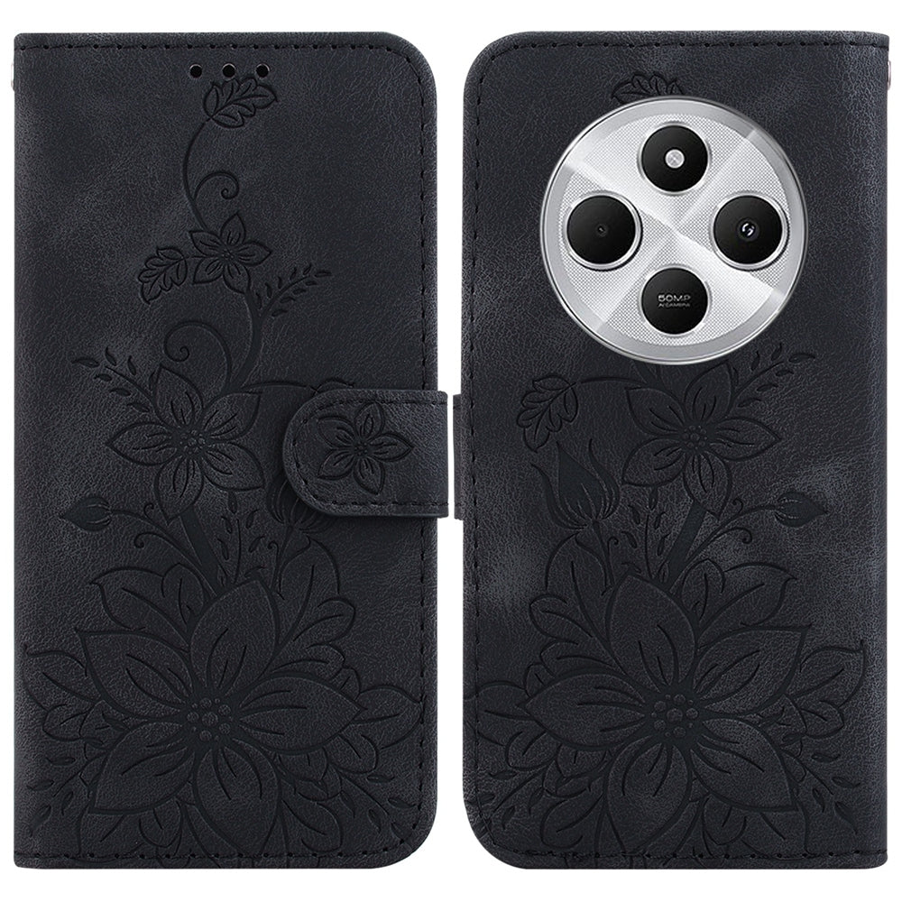 For Redmi 14C 4G Lily Embossed Leather Phone Case(Black)