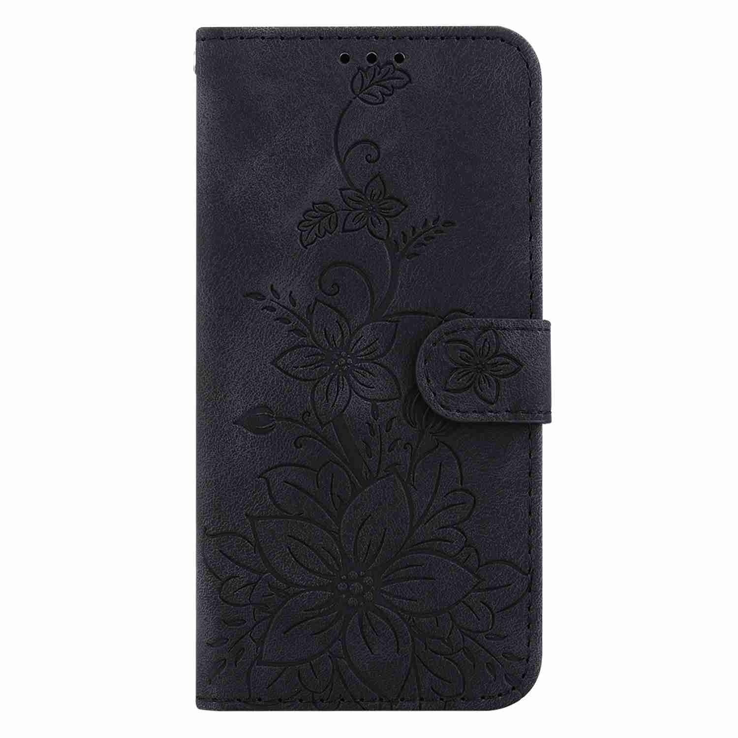 For Redmi 14C 4G Lily Embossed Leather Phone Case(Black)