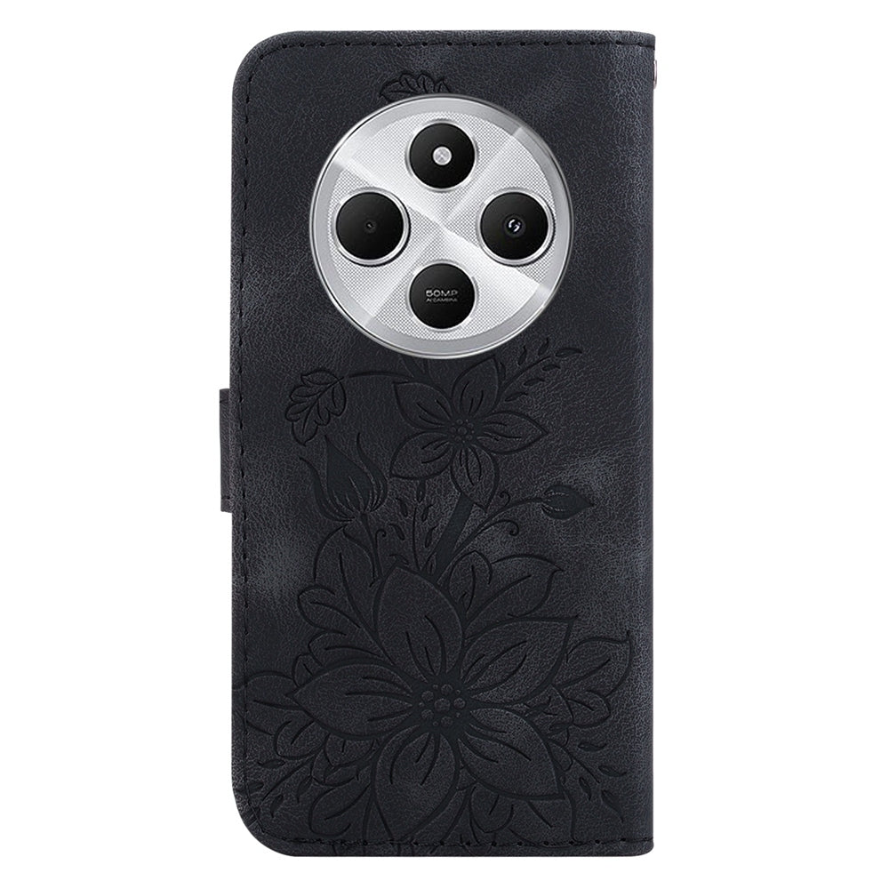 For Redmi 14C 4G Lily Embossed Leather Phone Case(Black)