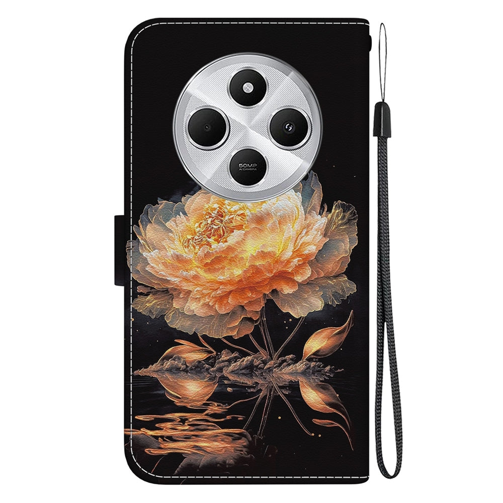 For Redmi 14C 4G Crystal Texture Colored Drawing Leather Phone Case(Gold Peony)