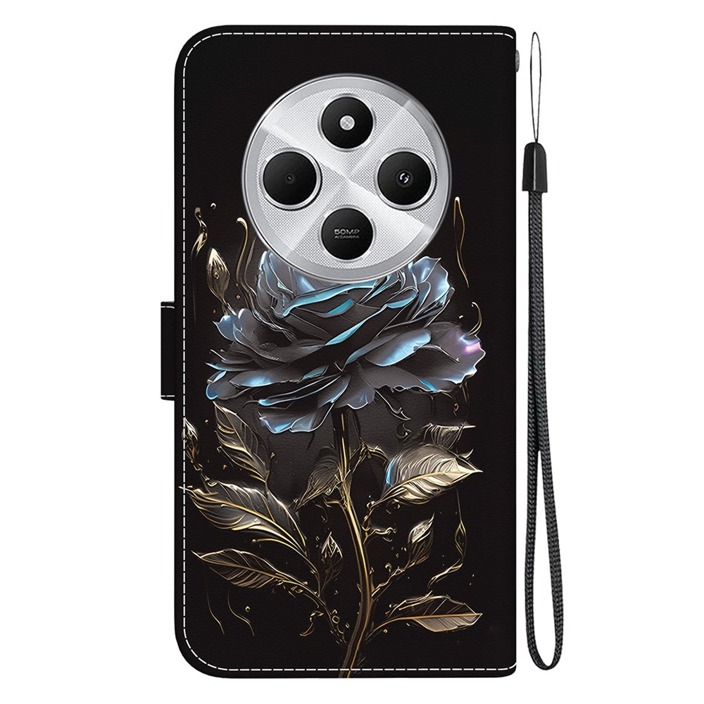 For Redmi 14C 4G Crystal Texture Colored Drawing Leather Phone Case(Black Rose)