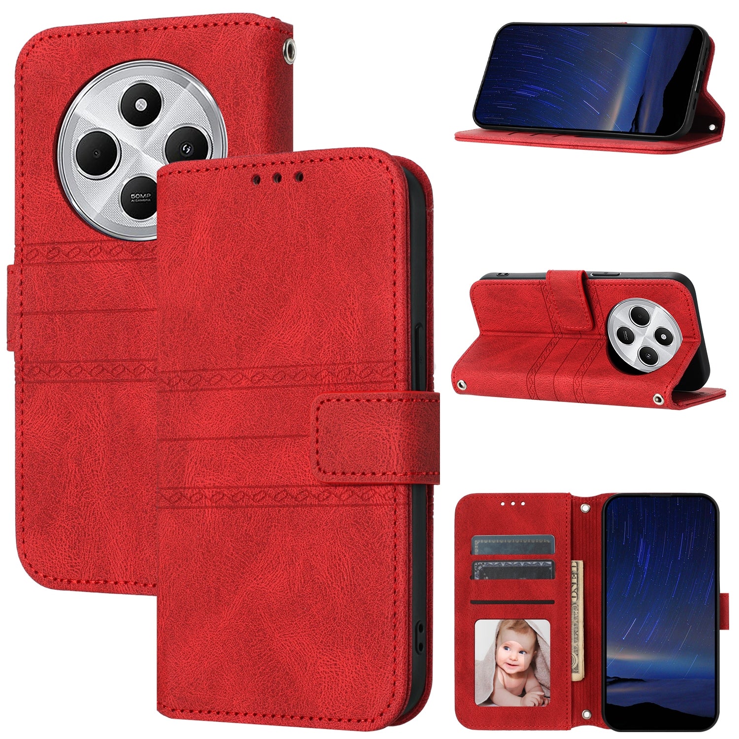 For Redmi 14C 4G Embossed Stripes Skin Feel Leather Phone Case(Red)