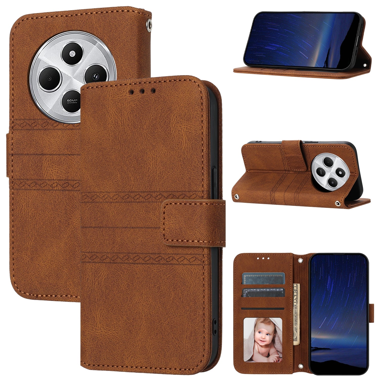 For Redmi 14C 4G Embossed Stripes Skin Feel Leather Phone Case(Brown)