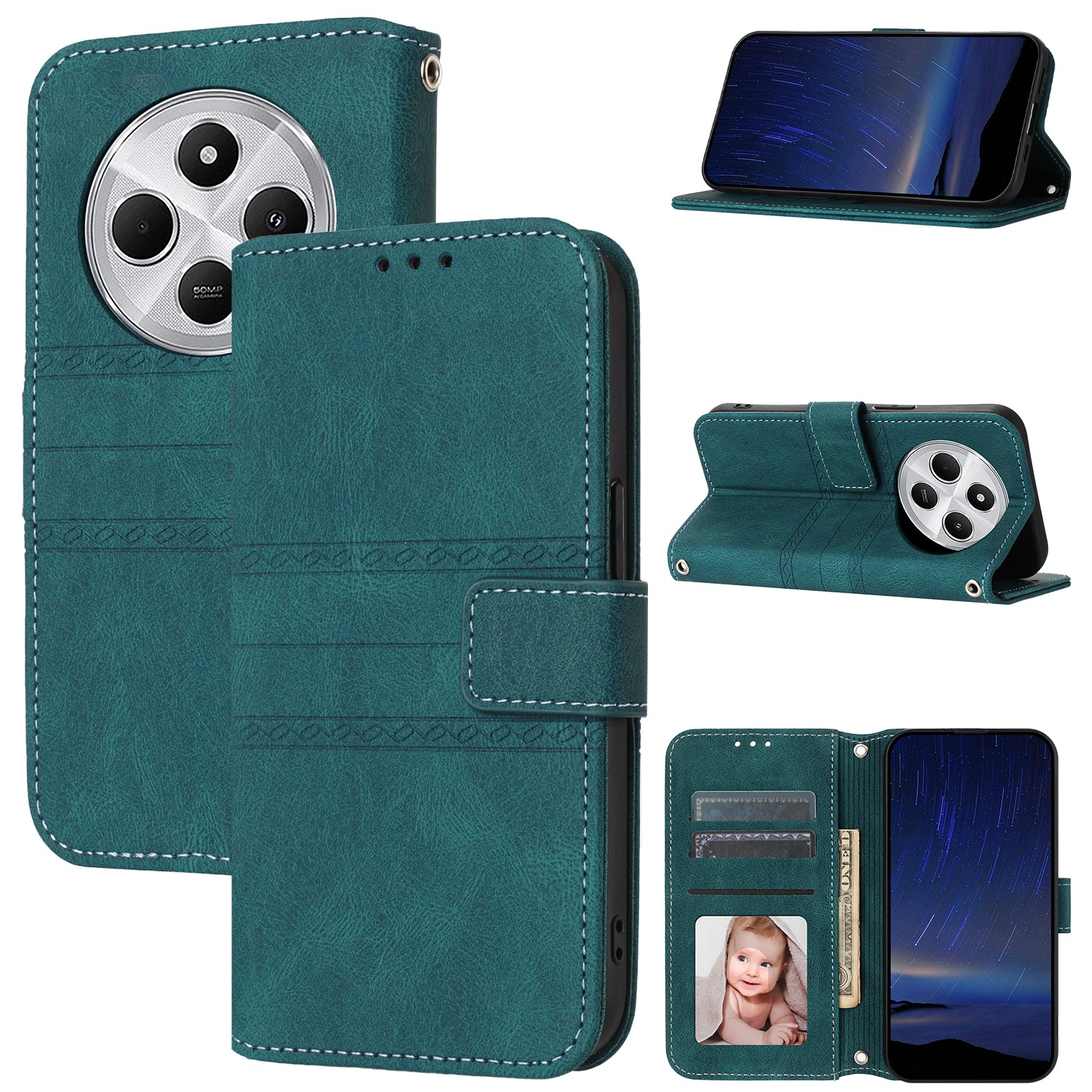 For Redmi 14C 4G Embossed Stripes Skin Feel Leather Phone Case(Dark Green)