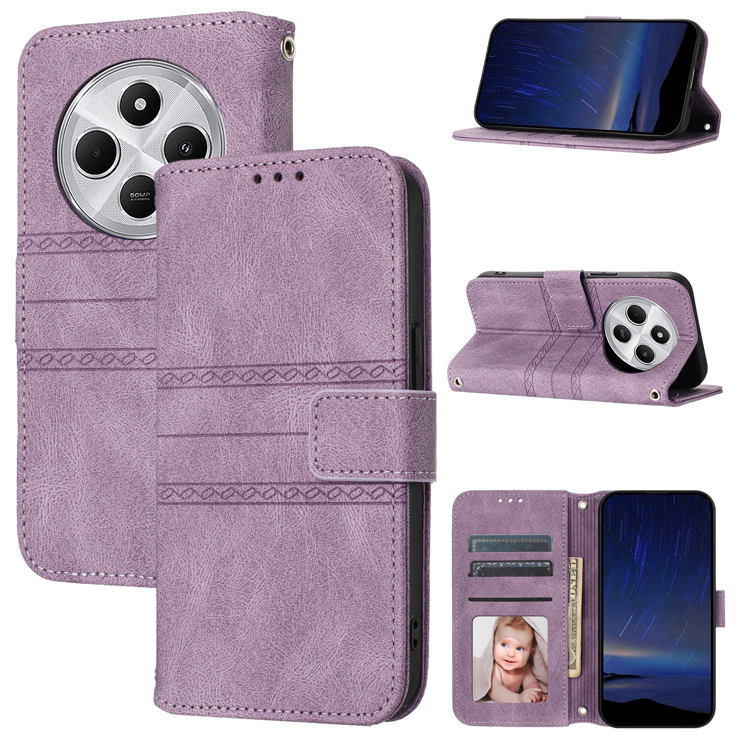 For Redmi 14C 4G Embossed Stripes Skin Feel Leather Phone Case(Light Purple)