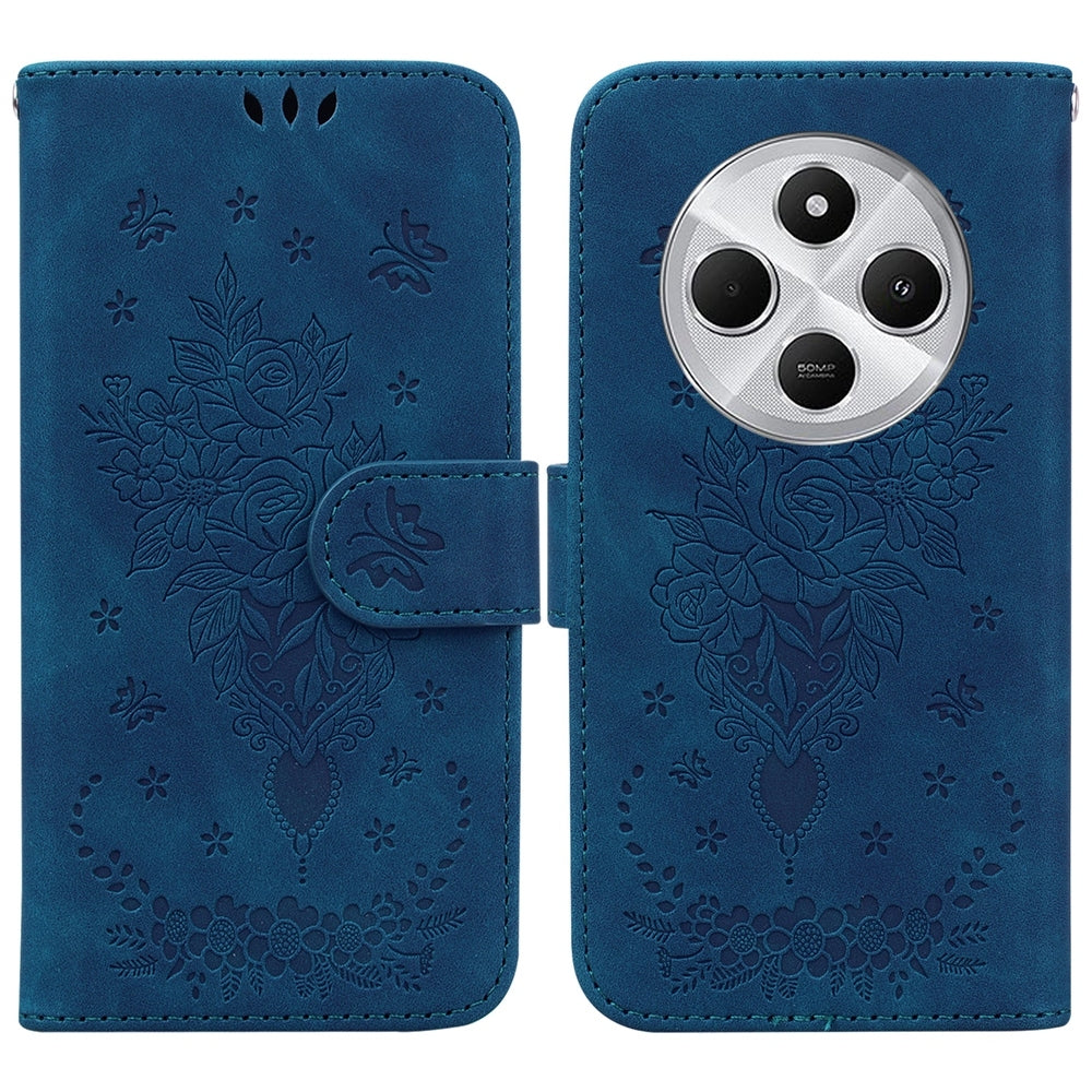 For Redmi 14C 4G Butterfly Rose Embossed Leather Phone Case(Blue)