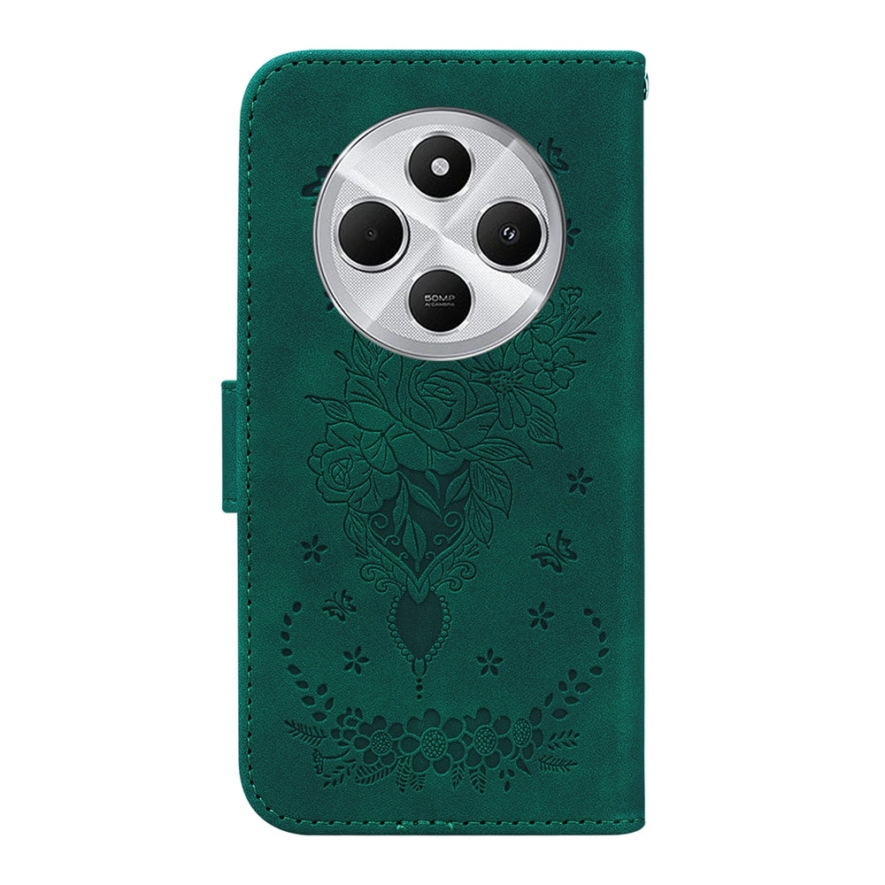 For Redmi 14C 4G Butterfly Rose Embossed Leather Phone Case(Green)