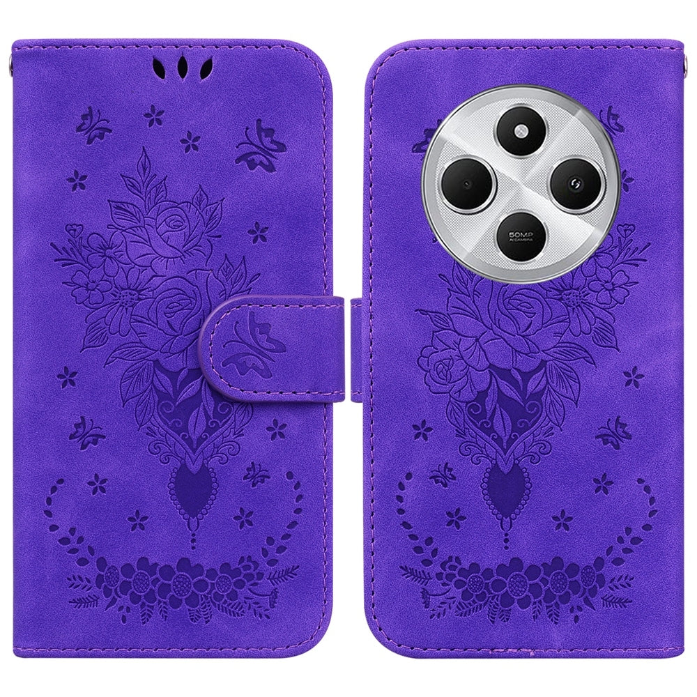 For Redmi 14C 4G Butterfly Rose Embossed Leather Phone Case(Purple)