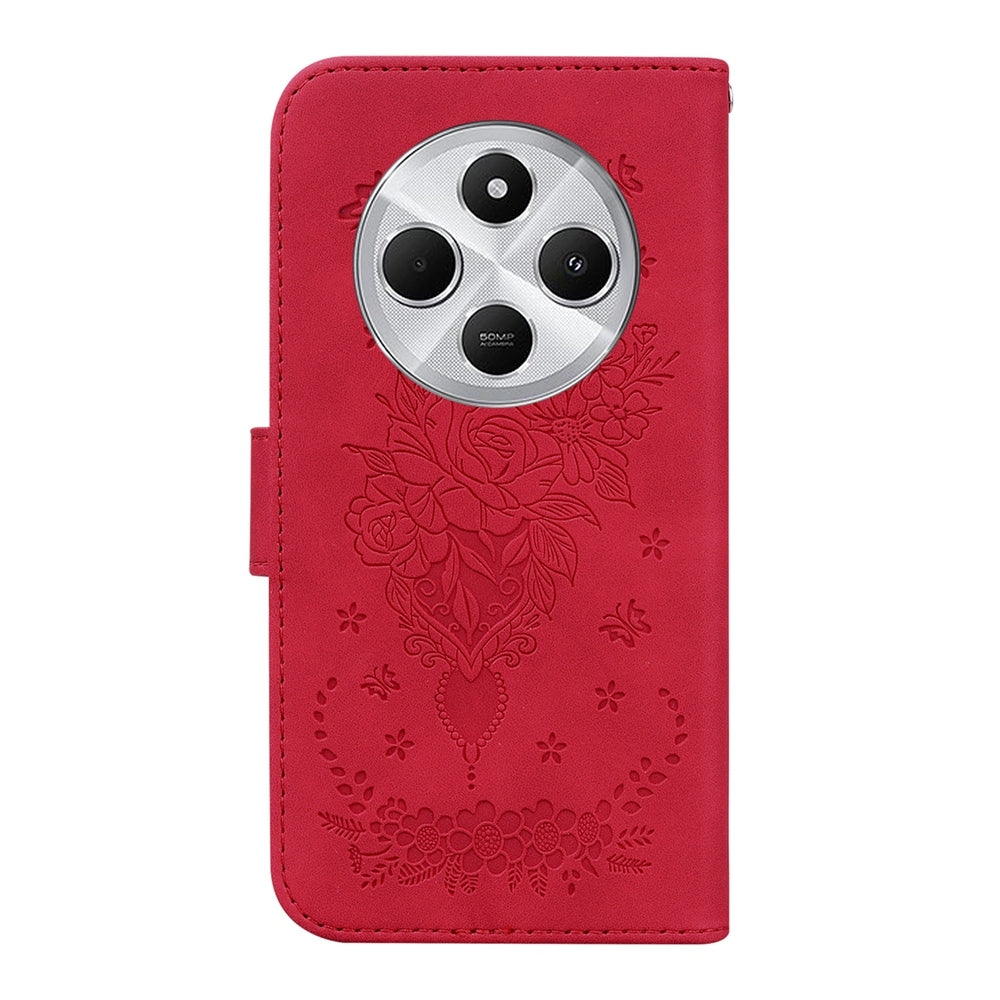 For Redmi 14C 4G Butterfly Rose Embossed Leather Phone Case(Red)