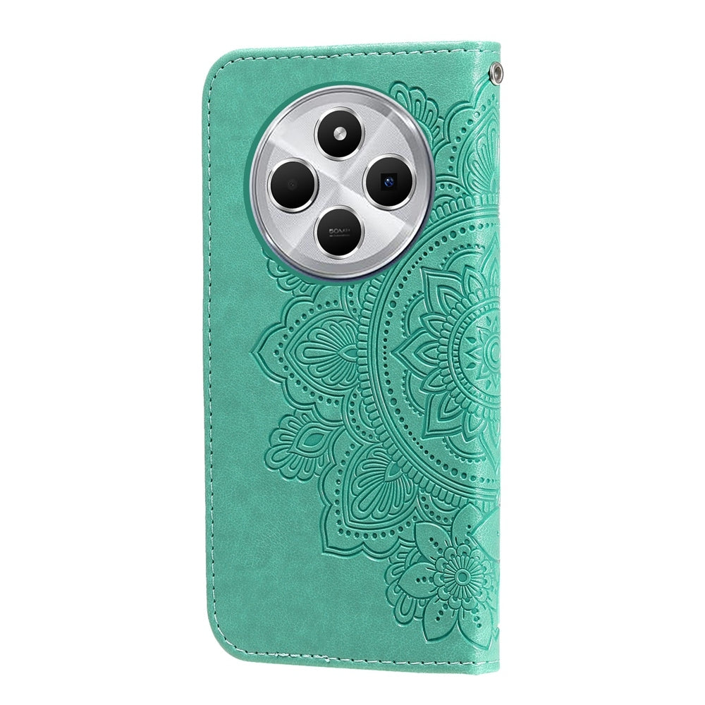 For Redmi 14C 4G Seven-petal Flowers Embossing Leather Phone Case(Green)