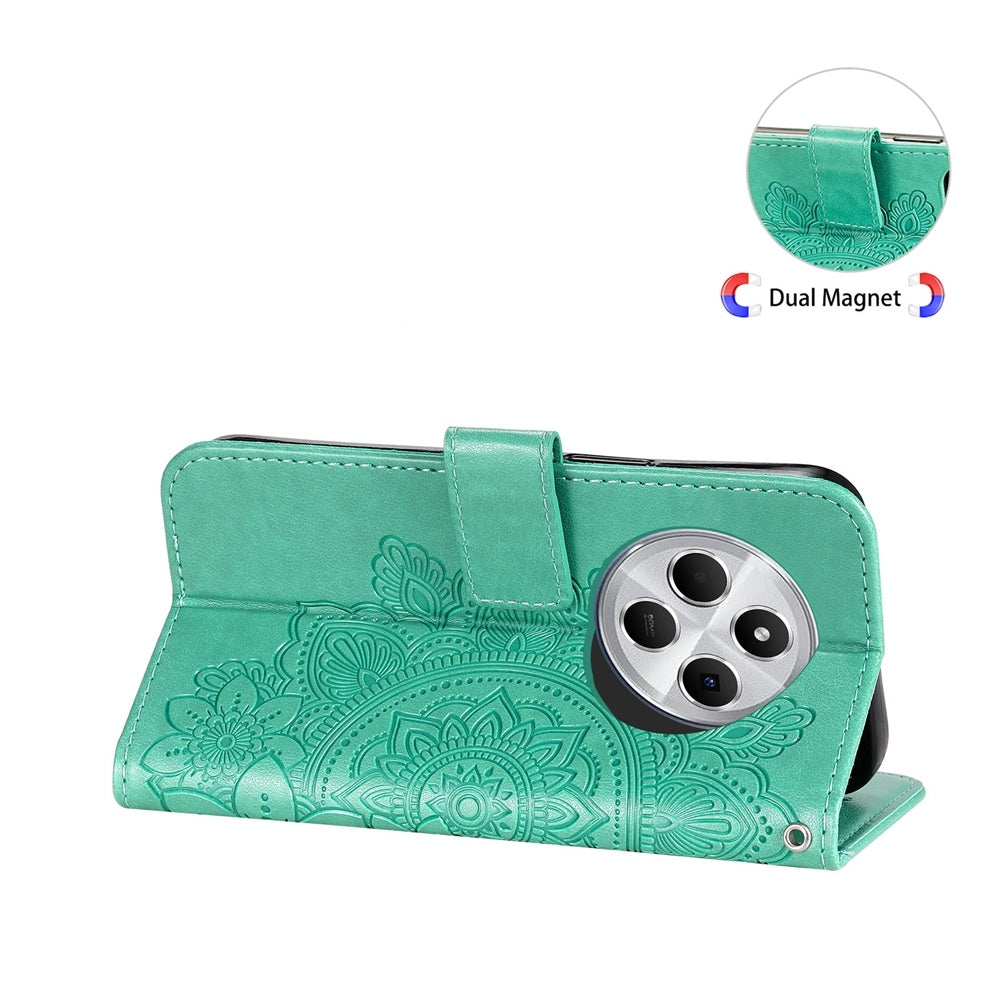 For Redmi 14C 4G Seven-petal Flowers Embossing Leather Phone Case(Green)