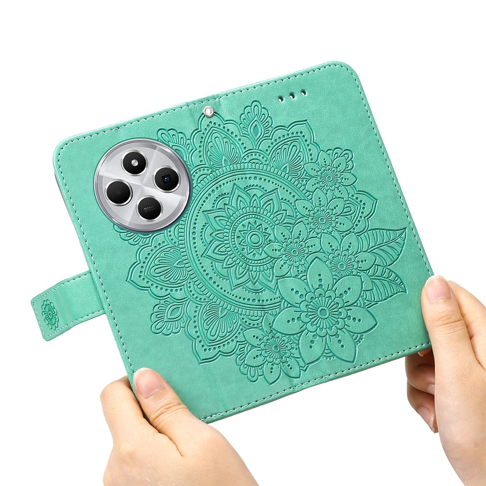 For Redmi 14C 4G Seven-petal Flowers Embossing Leather Phone Case(Green)