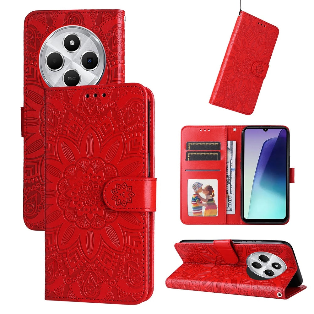 For Redmi 14C 4G Embossed Sunflower Leather Phone Case(Red)