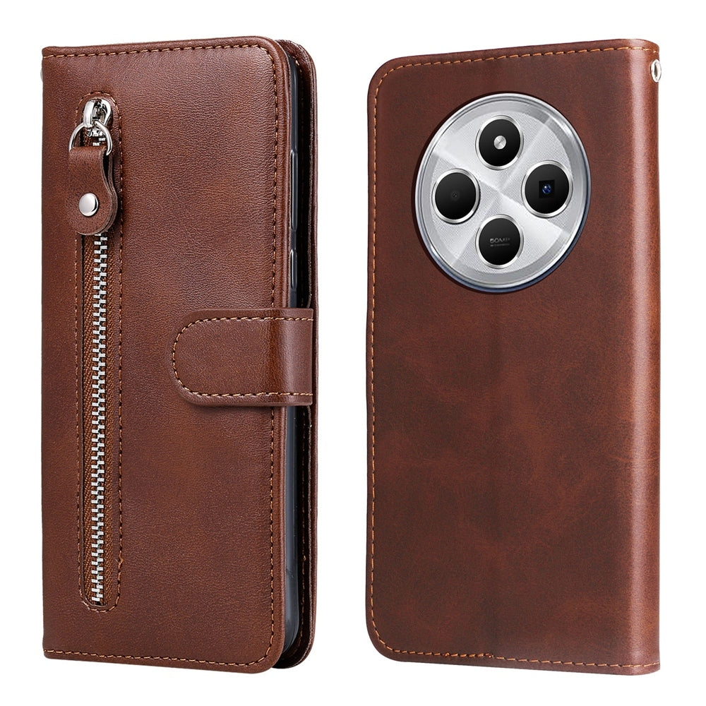 For Redmi 14C 4G Fashion Calf Texture Zipper Leather Phone Case(Brown)