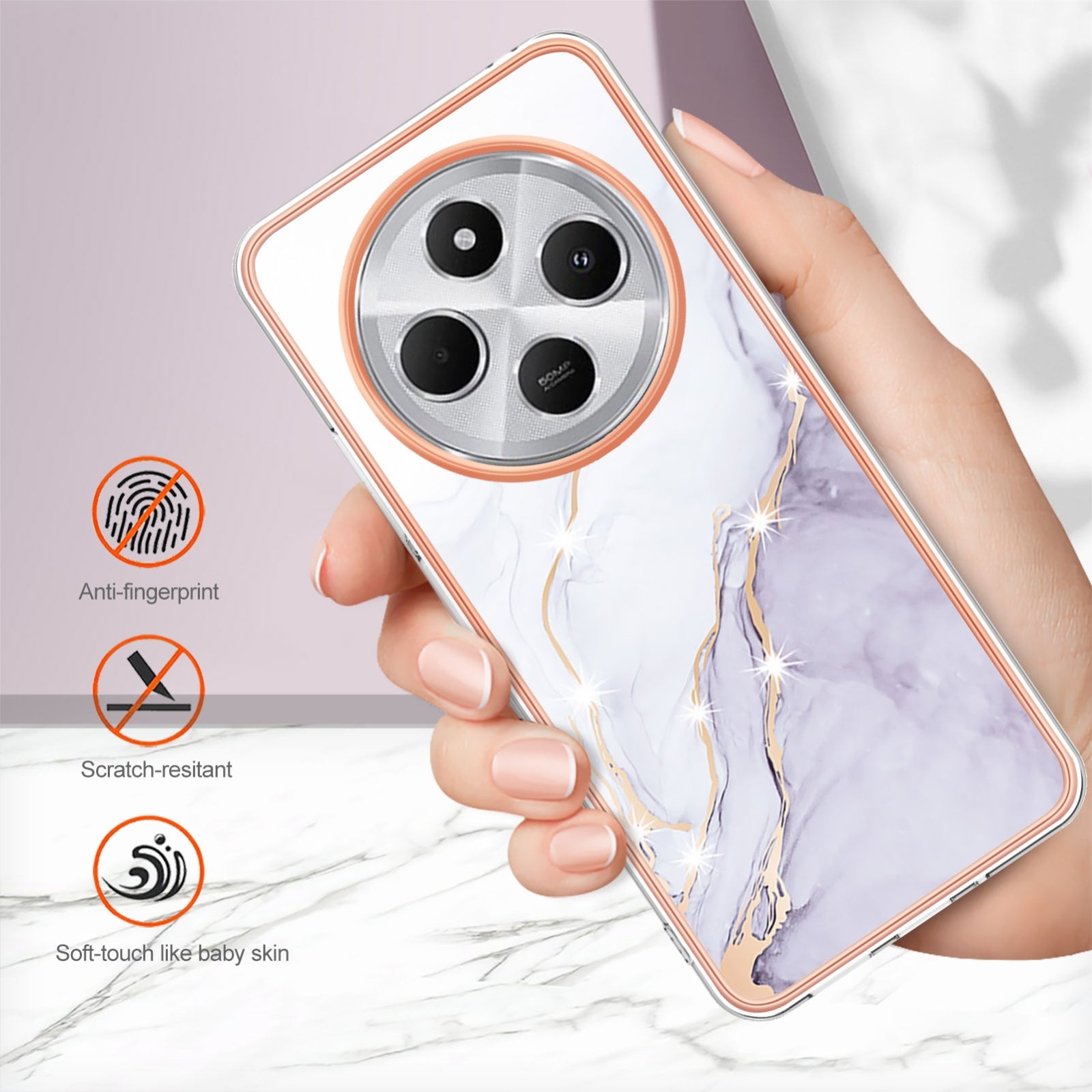 For Redmi 14C 4G Electroplating Marble Dual-side IMD Phone Case(White 006)