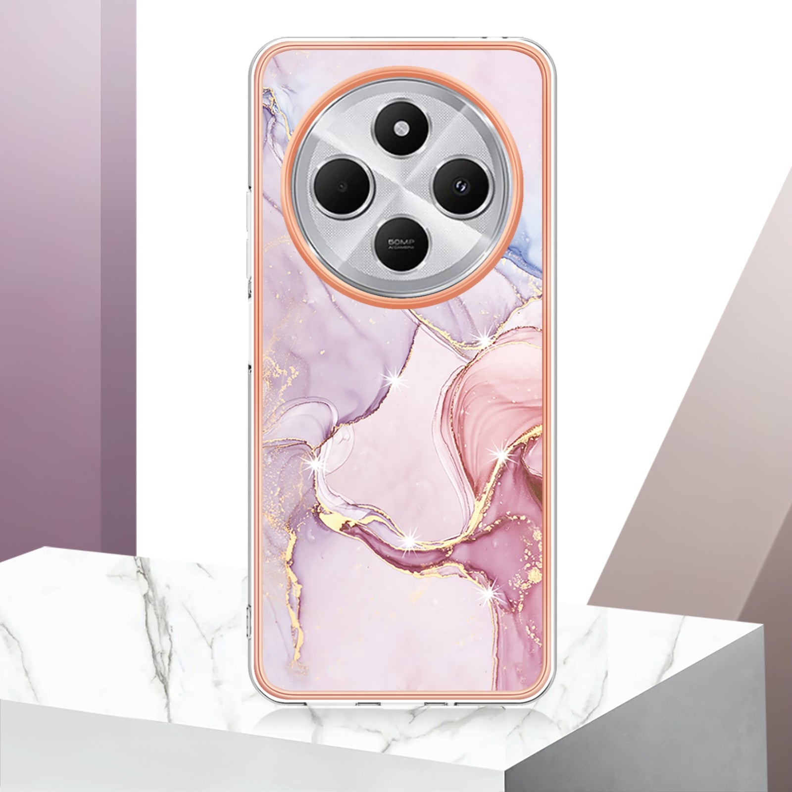 For Redmi 14C 4G Electroplating Marble Dual-side IMD Phone Case(Rose Gold 005)