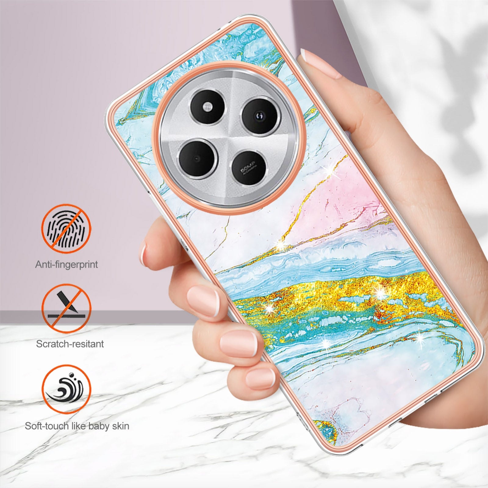 For Redmi 14C 4G Electroplating Marble Dual-side IMD Phone Case(Green 004)