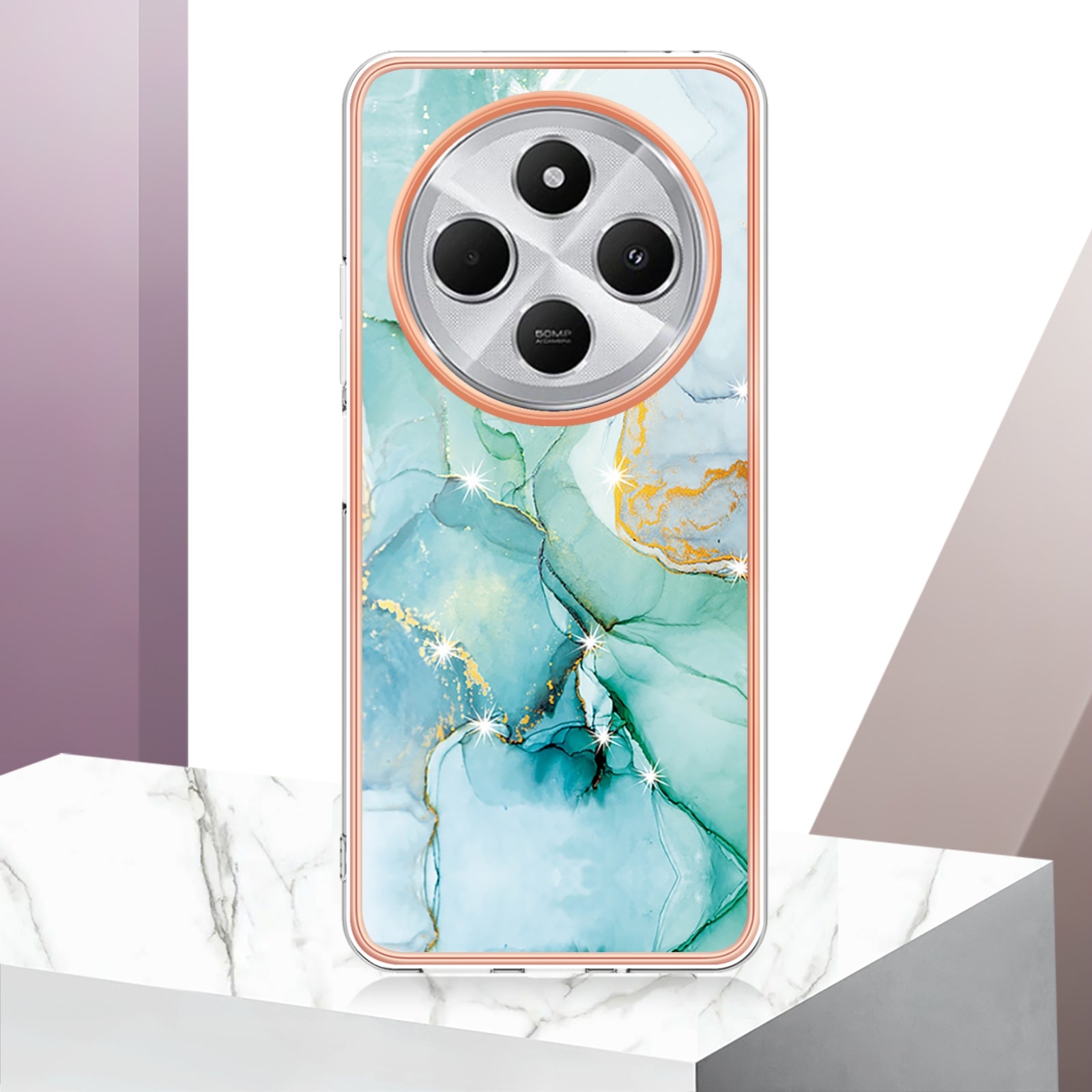 For Redmi 14C 4G Electroplating Marble Dual-side IMD Phone Case(Green 003)