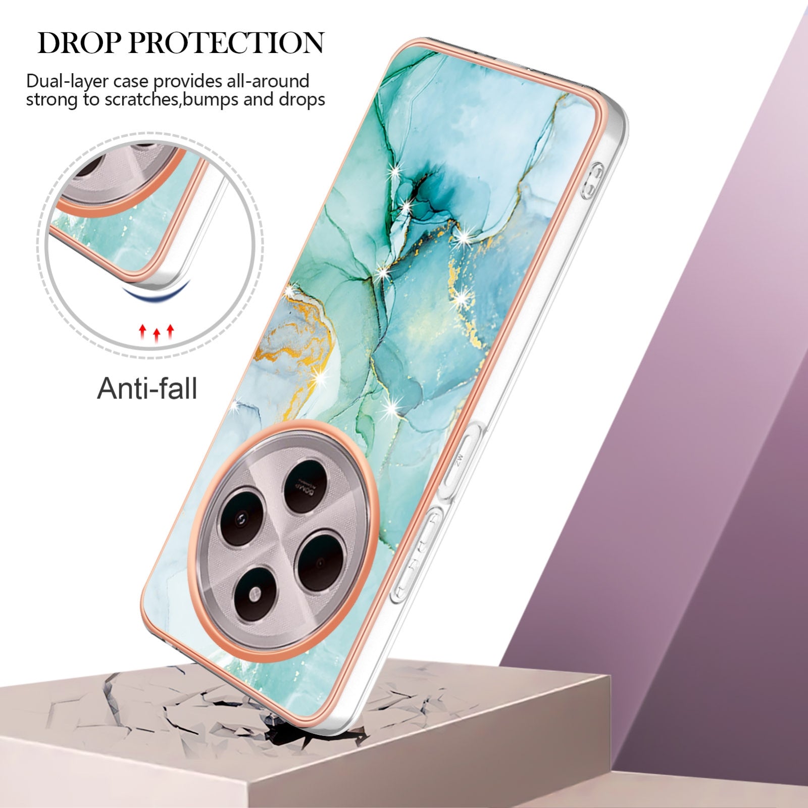 For Redmi 14C 4G Electroplating Marble Dual-side IMD Phone Case(Green 003)