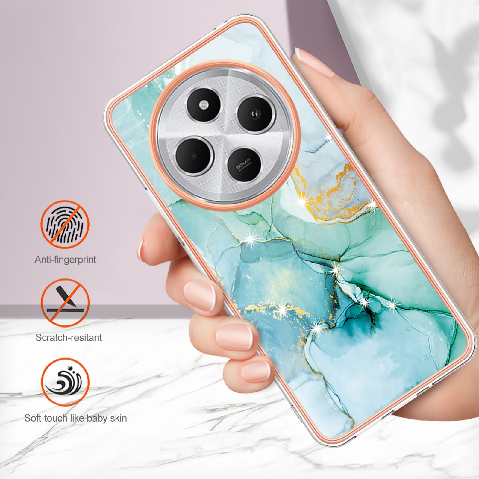 For Redmi 14C 4G Electroplating Marble Dual-side IMD Phone Case(Green 003)