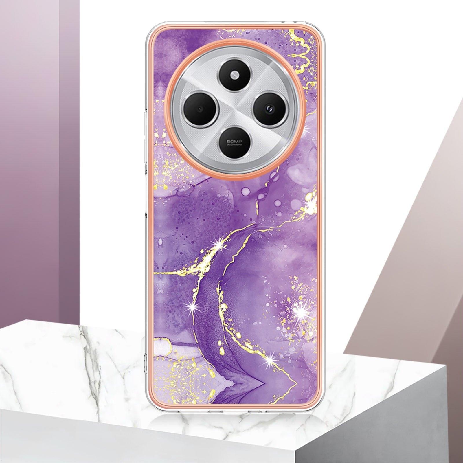 For Redmi 14C 4G Electroplating Marble Dual-side IMD Phone Case(Purple 002)