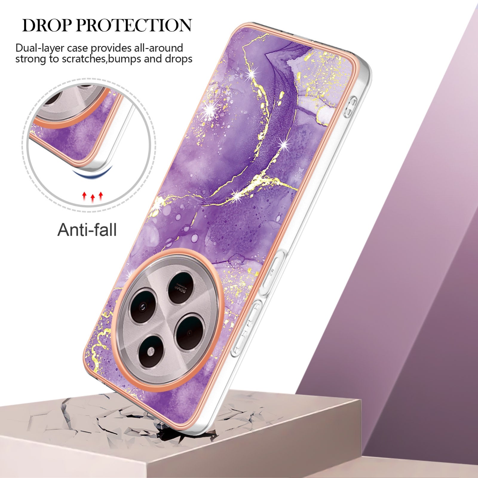 For Redmi 14C 4G Electroplating Marble Dual-side IMD Phone Case(Purple 002)