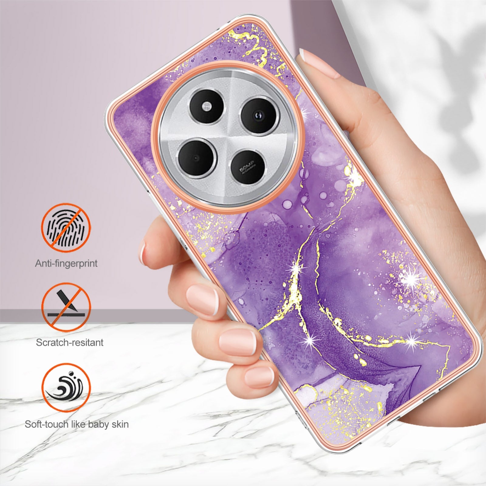 For Redmi 14C 4G Electroplating Marble Dual-side IMD Phone Case(Purple 002)