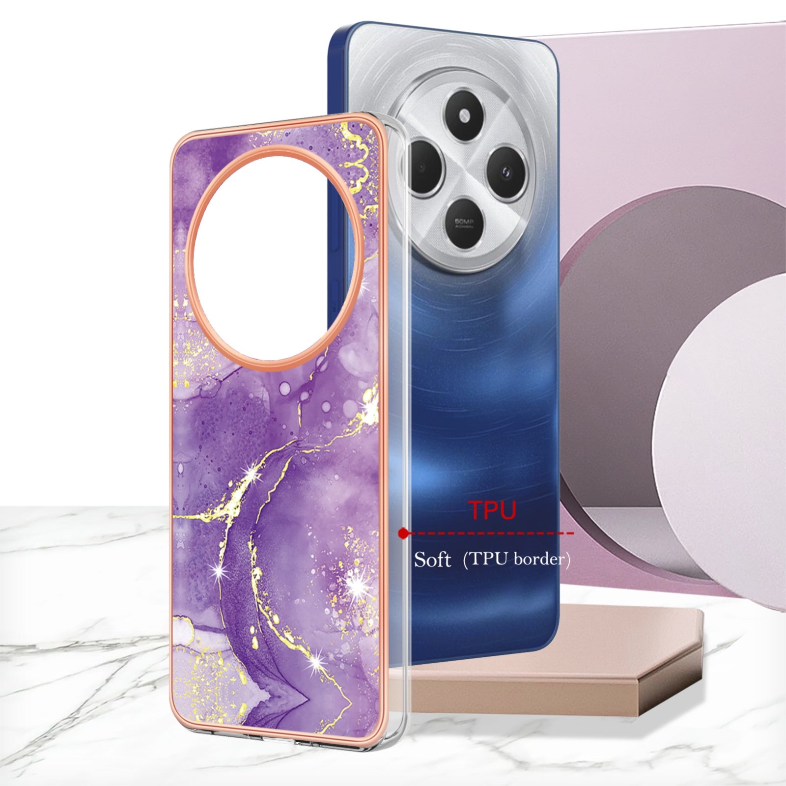 For Redmi 14C 4G Electroplating Marble Dual-side IMD Phone Case(Purple 002)