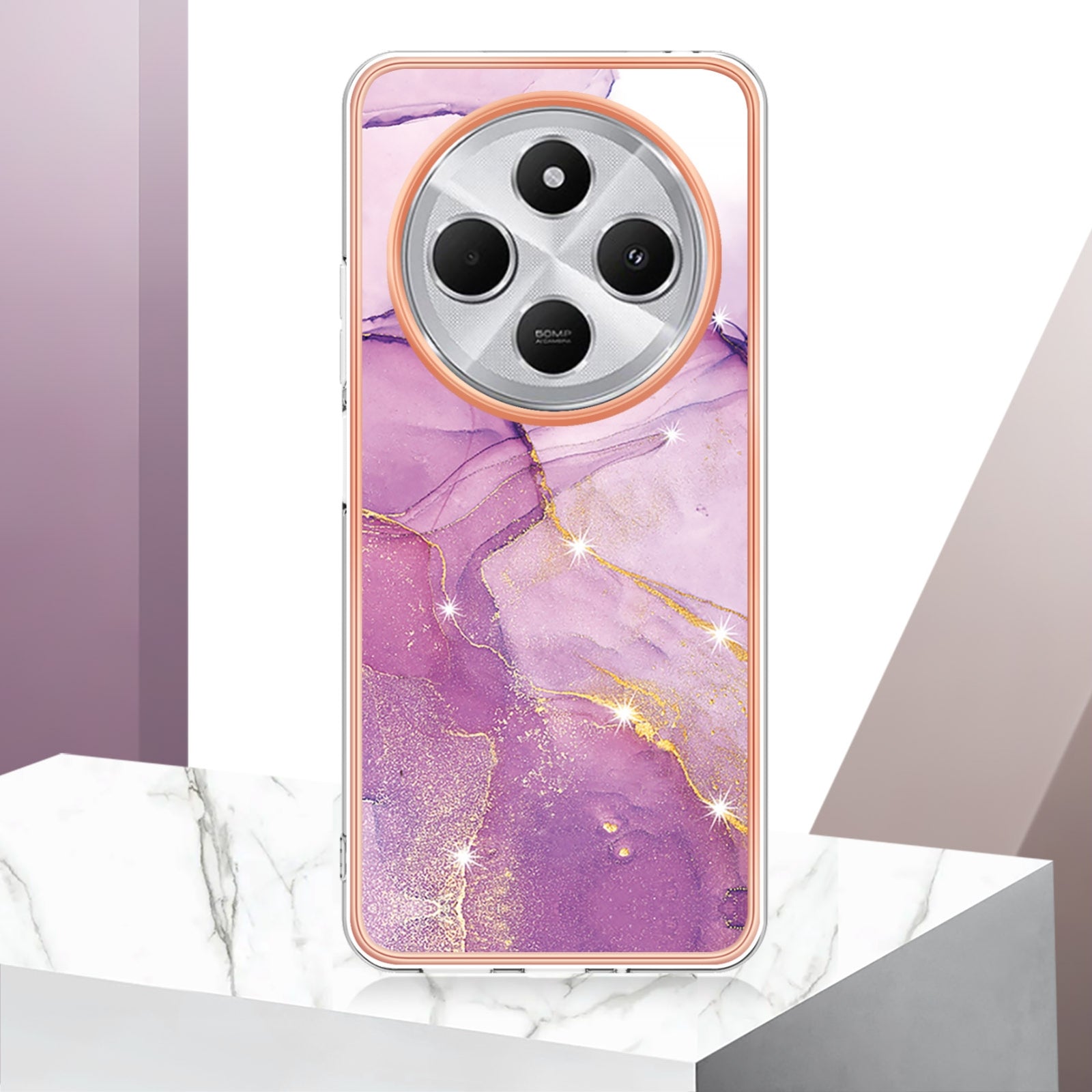 For Redmi 14C 4G Electroplating Marble Dual-side IMD Phone Case(Purple 001)