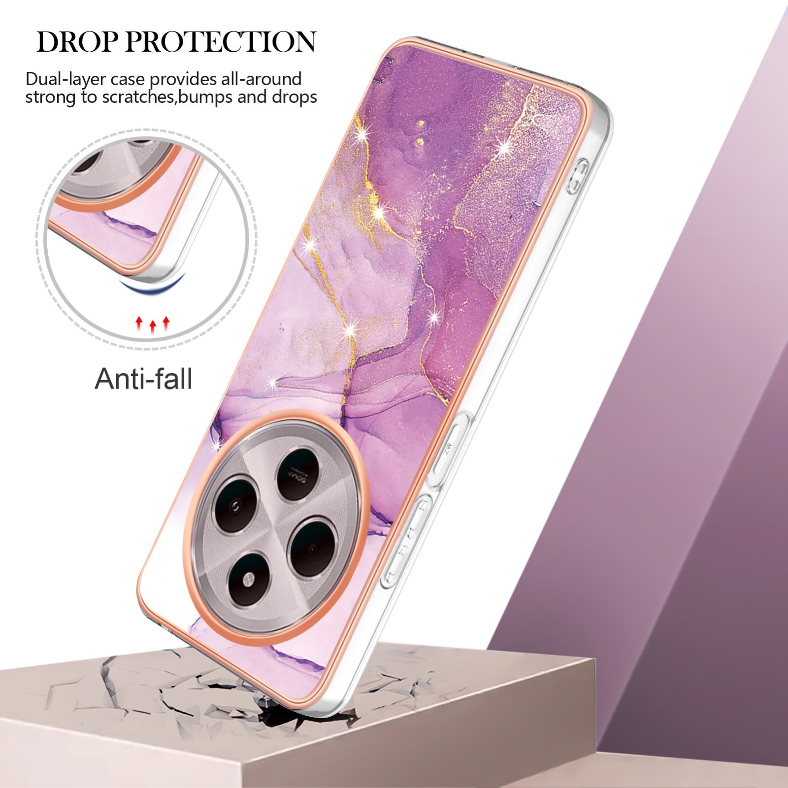 For Redmi 14C 4G Electroplating Marble Dual-side IMD Phone Case(Purple 001)