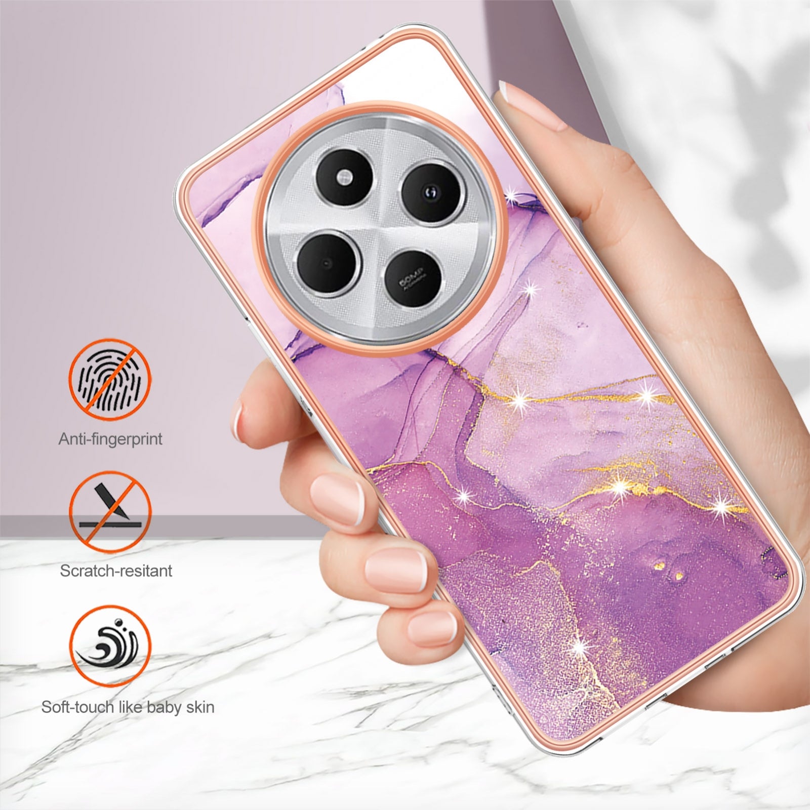 For Redmi 14C 4G Electroplating Marble Dual-side IMD Phone Case(Purple 001)