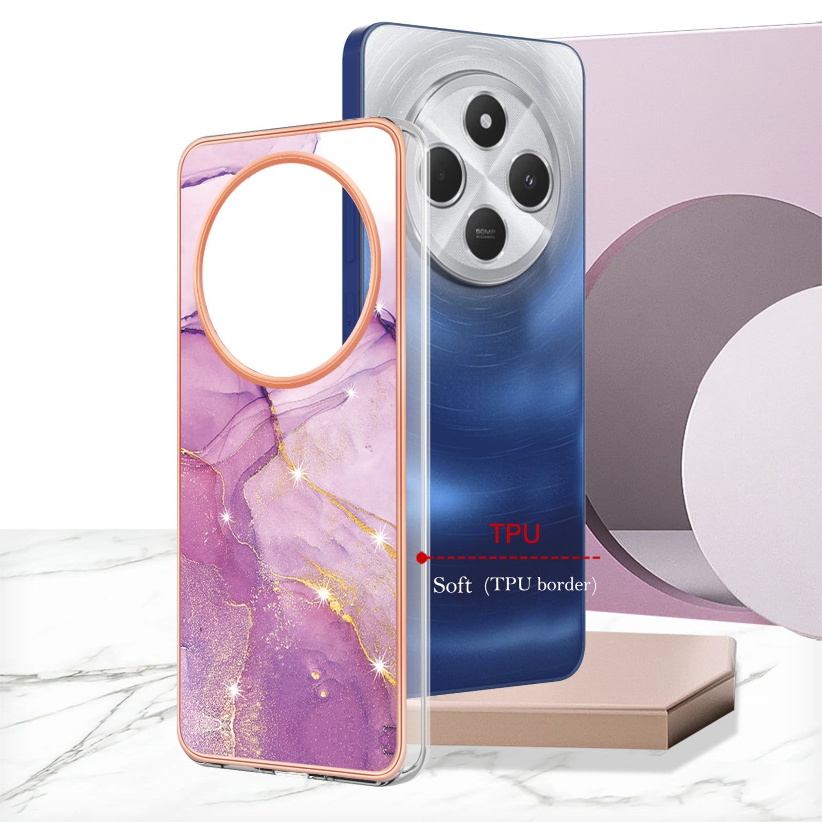 For Redmi 14C 4G Electroplating Marble Dual-side IMD Phone Case(Purple 001)