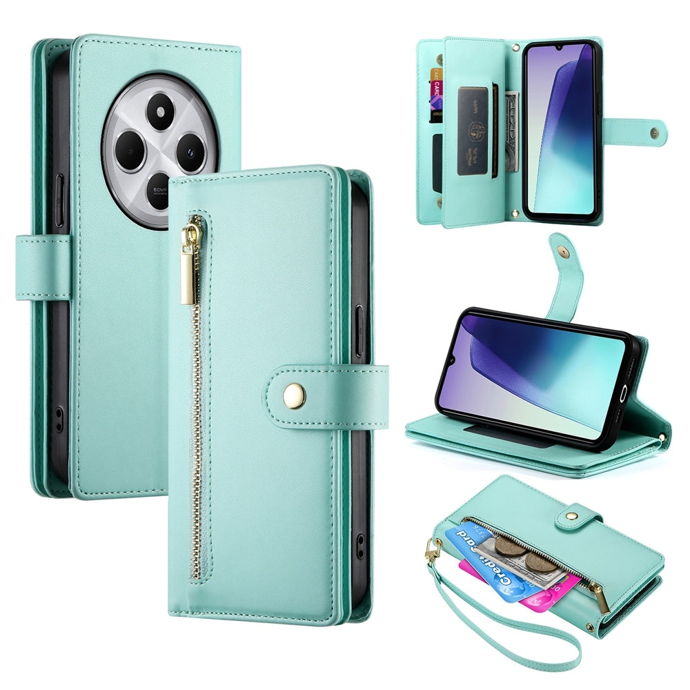 For Redmi 14C 4G Nine Card-slot Zipper Wallet Bag Leather Phone Case(Mint Green)