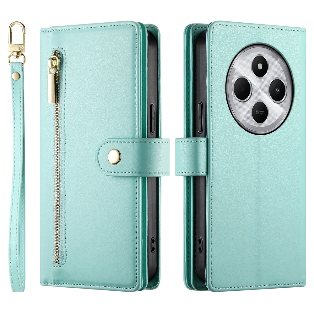 For Redmi 14C 4G Nine Card-slot Zipper Wallet Bag Leather Phone Case(Mint Green)