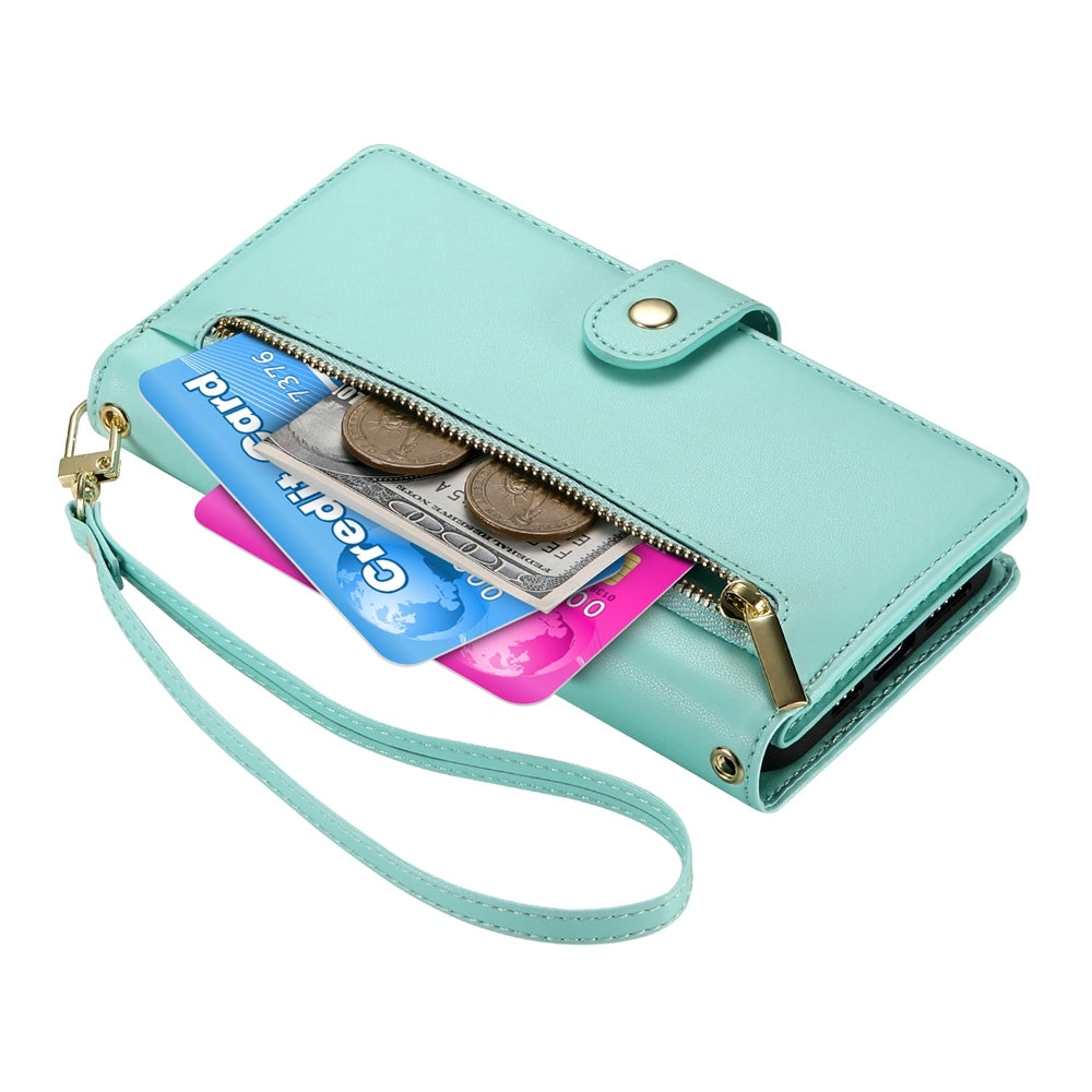 For Redmi 14C 4G Nine Card-slot Zipper Wallet Bag Leather Phone Case(Mint Green)