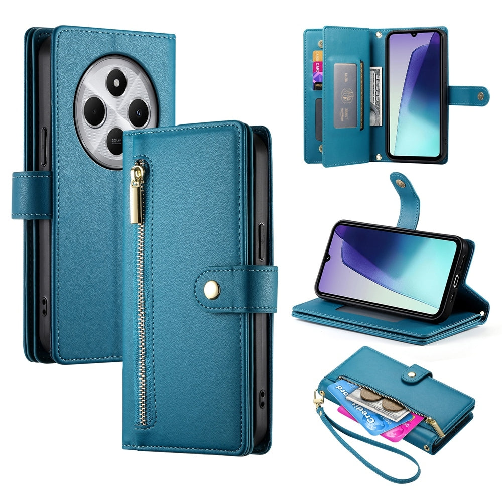 For Redmi 14C 4G Nine Card-slot Zipper Wallet Bag Leather Phone Case(Blue)