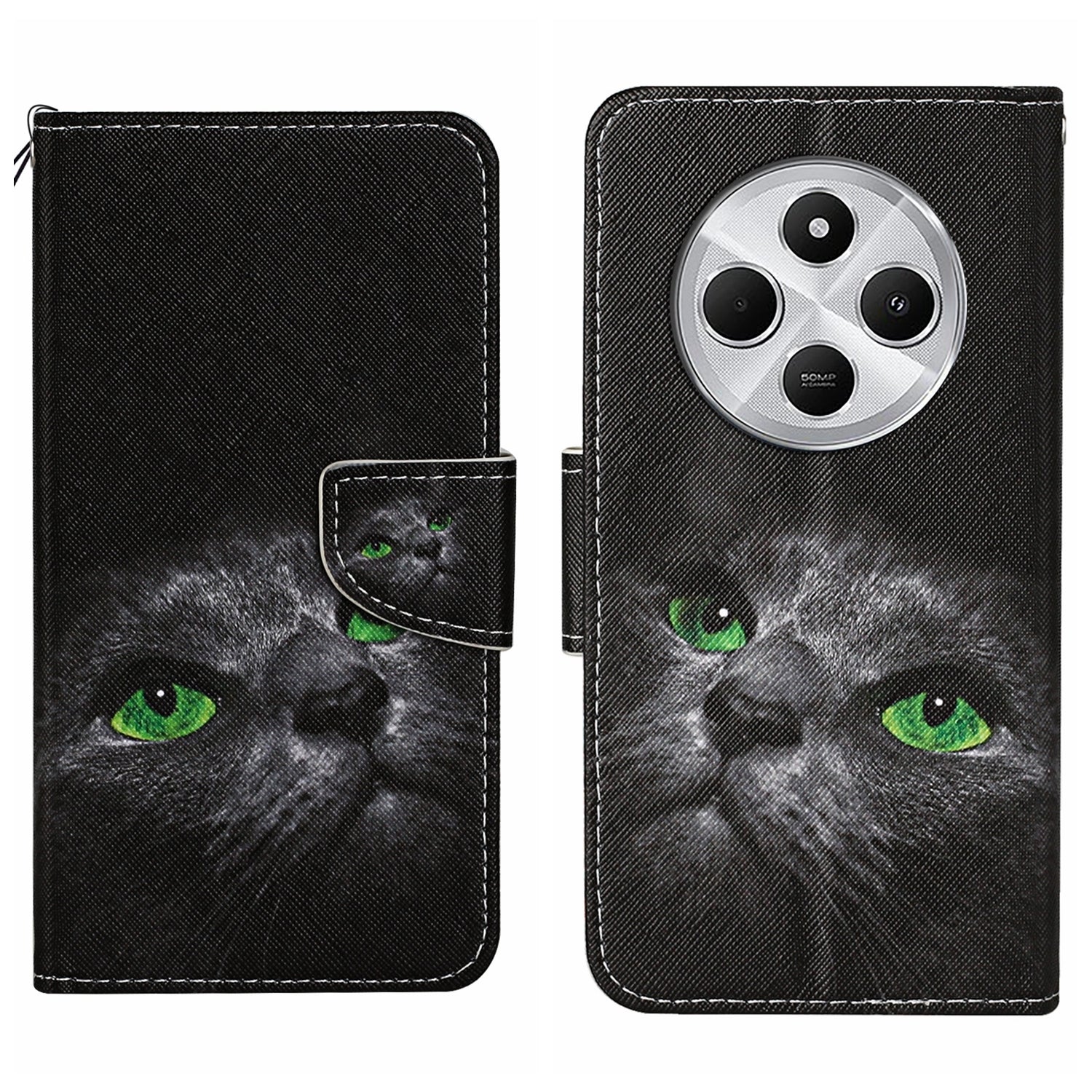 For Redmi 14C 4G Colored Drawing Pattern Leather Phone Case(Black Cat)