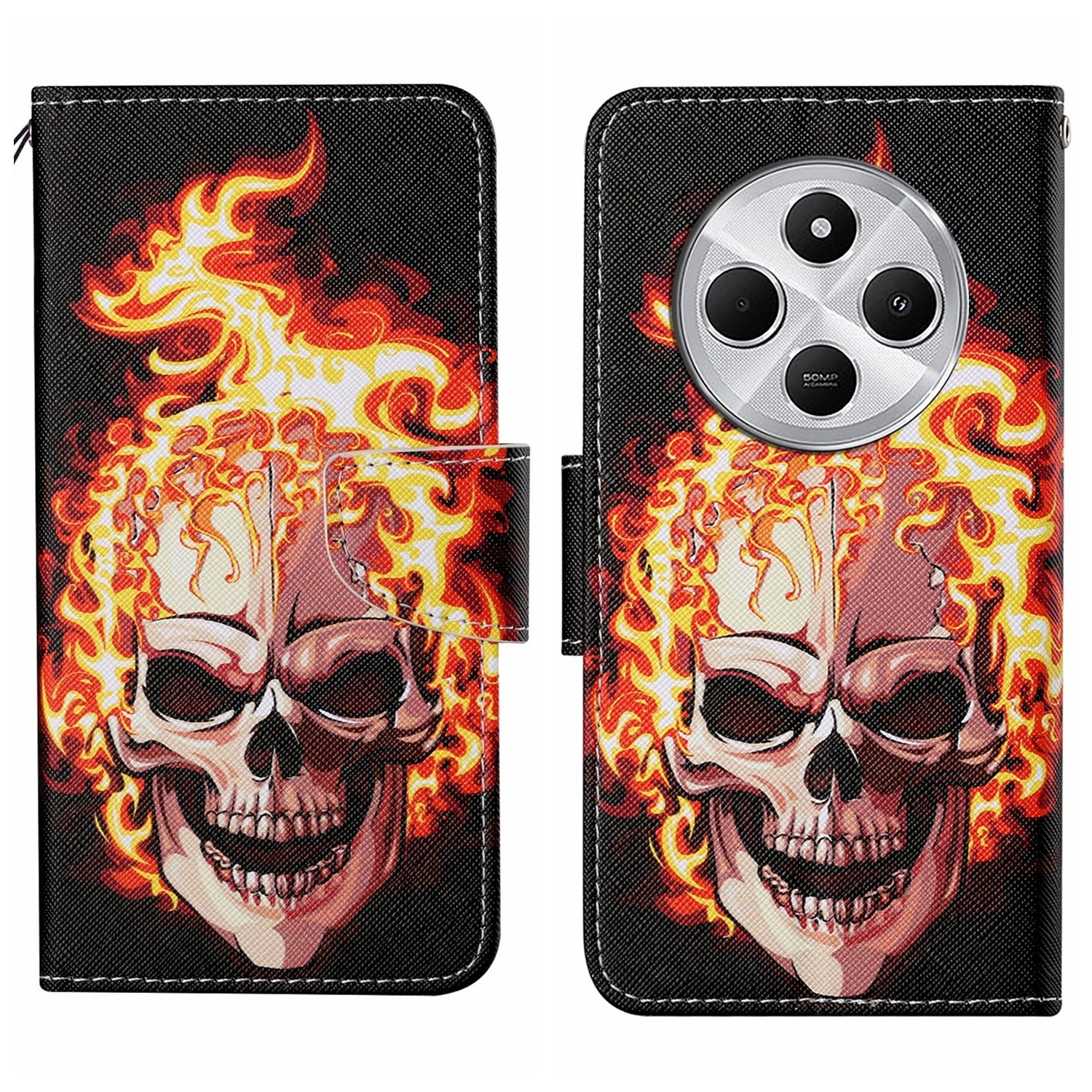 For Redmi 14C 4G Colored Drawing Pattern Leather Phone Case(Flame Skull)