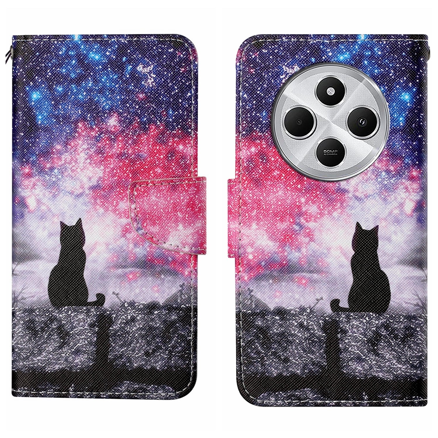 For Redmi 14C 4G Colored Drawing Pattern Leather Phone Case(Star Sky Cat)