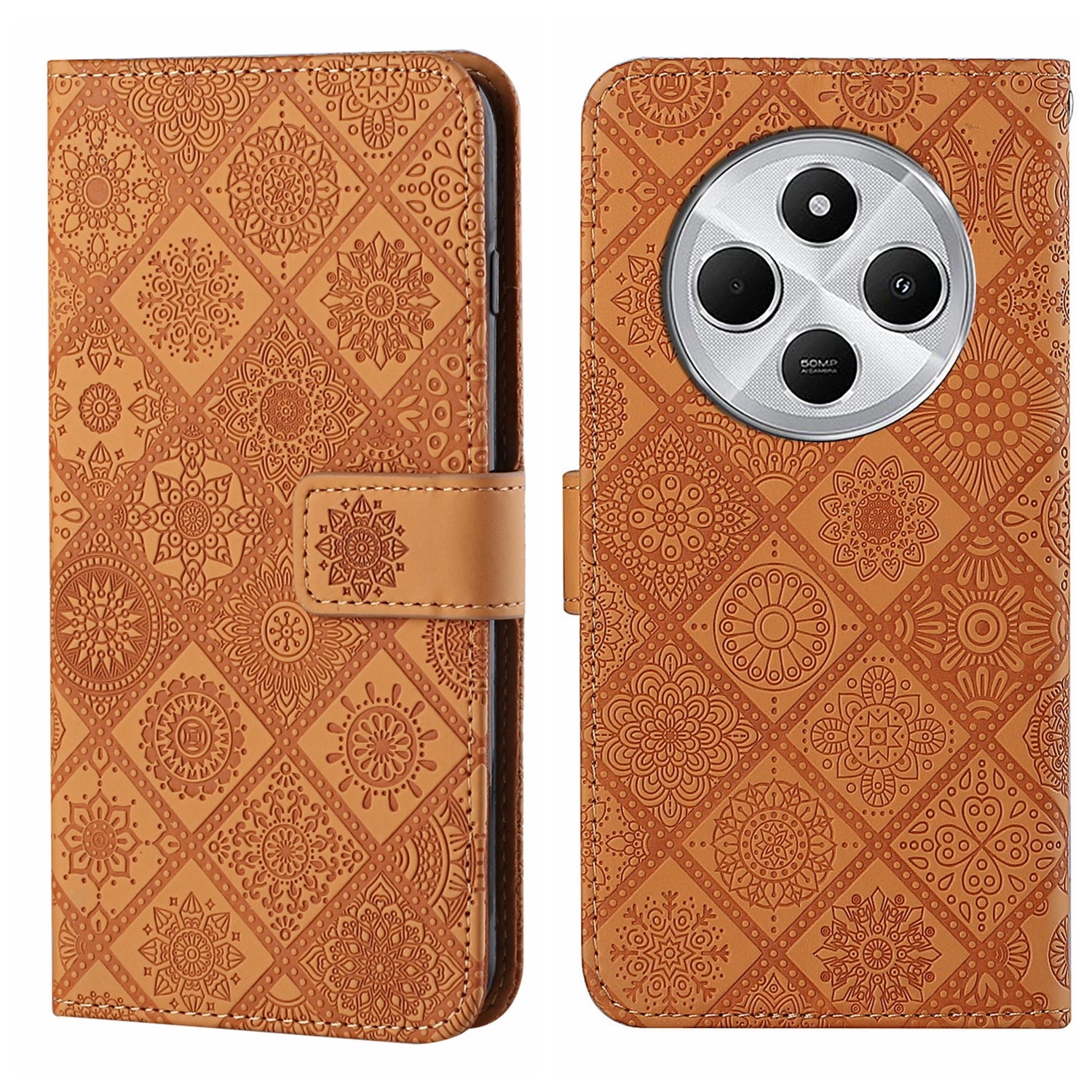 For Redmi 14C 4G Ethnic Style Embossed Pattern Leather Phone Case(Brown)