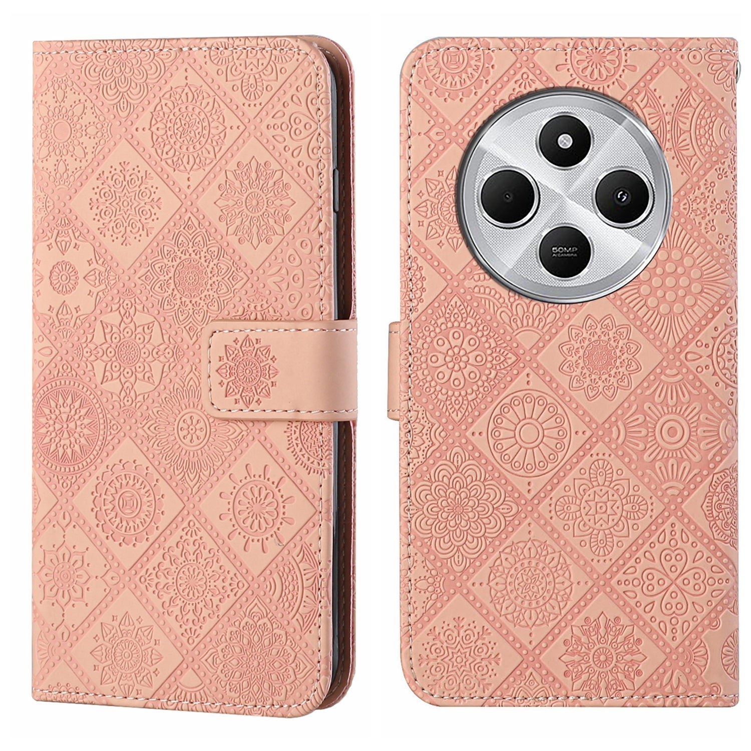 For Redmi 14C 4G Ethnic Style Embossed Pattern Leather Phone Case(Pink)