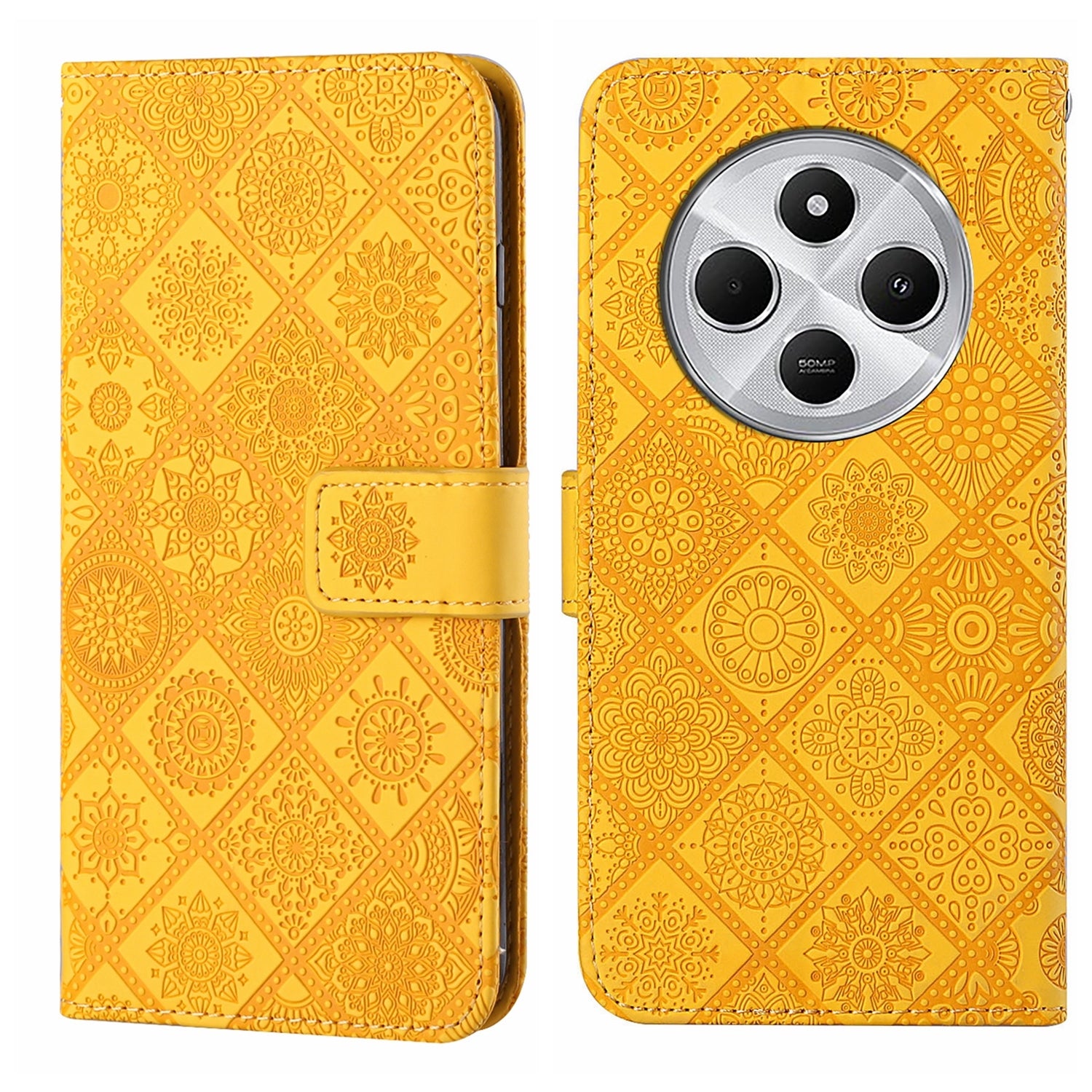 For Redmi 14C 4G Ethnic Style Embossed Pattern Leather Phone Case(Yellow)