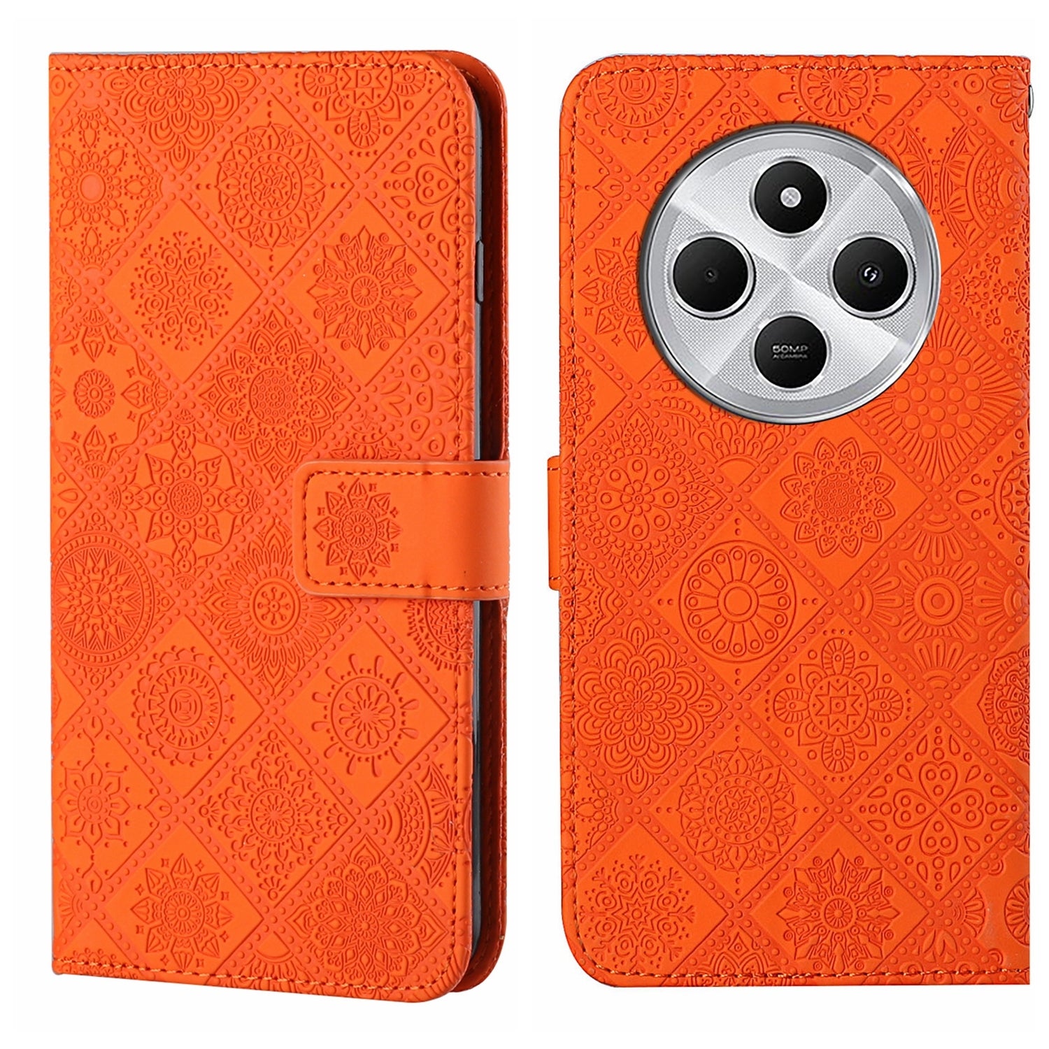 For Redmi 14C 4G Ethnic Style Embossed Pattern Leather Phone Case(Orange)